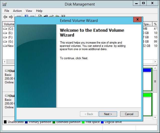 Windows 2012 Extend Volume Wizard shows