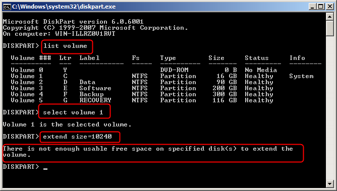Diskpart to extend system partition failed