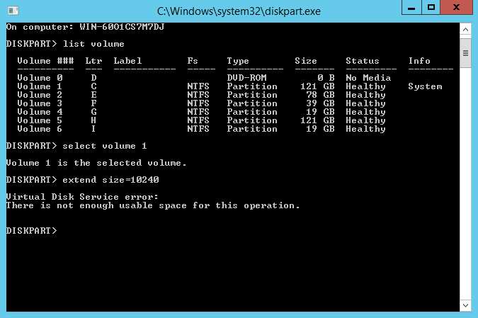 Diskpart cannot extend system partition on Server 2012