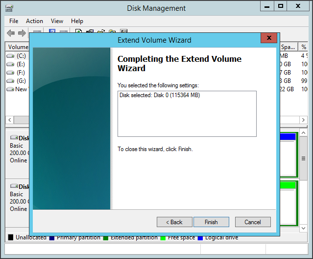 Click Finish Extend Volume Wizard