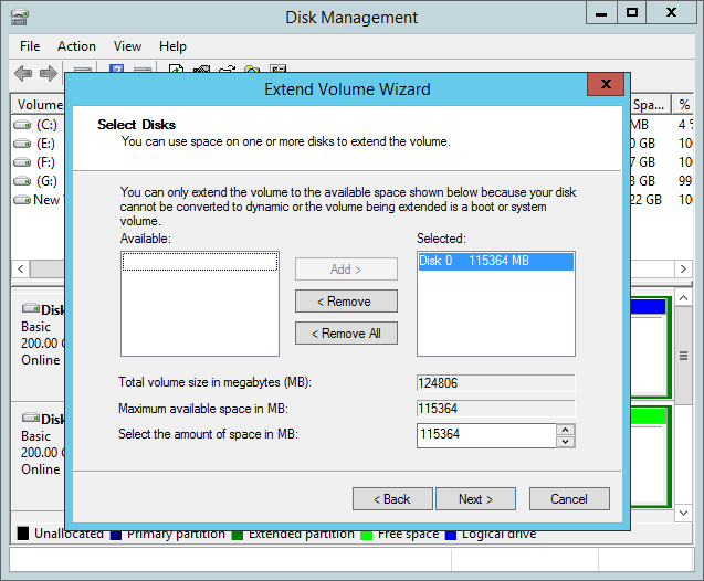 decide amount on Extend Volume Wizard